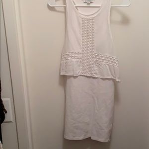 White tight mini dress, thick straps, flowy top